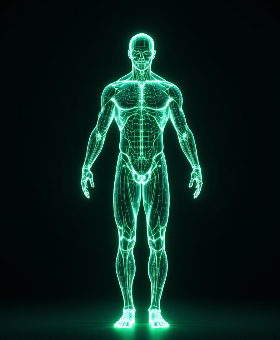 Anatomical figure with musculature traced in green wireframe against black