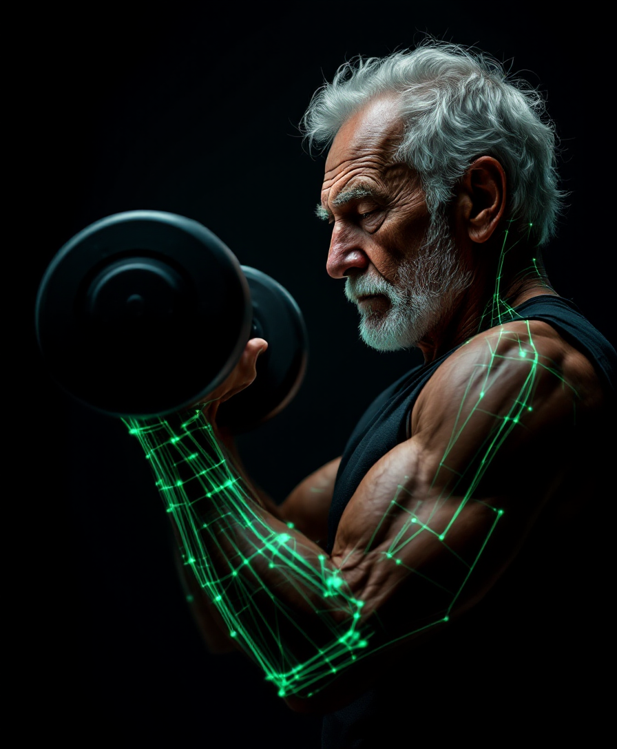 Older adult mid-lift with green motion-trace over the working muscles