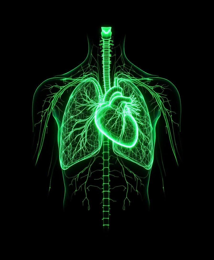 Cardiovascular and respiratory system rendered as a green wireframe against black